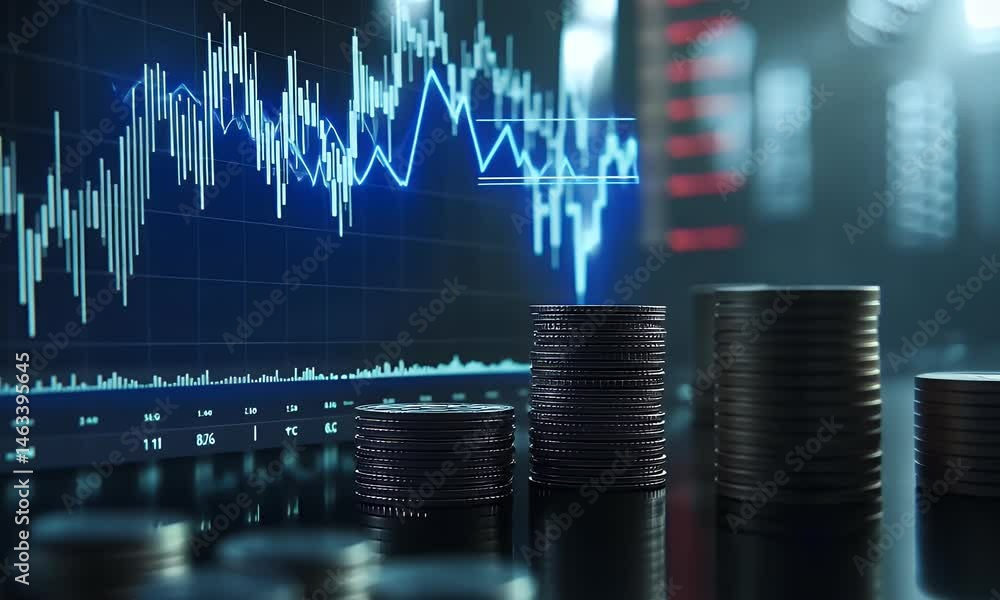 Poster a stock market graph with red and blue candlestick charts, featuring stacks of coins in the bottom r