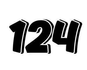 Stylized black number 124 on transparent background, with a bold, 3D appearance and shadow effects for added depth and dimension.