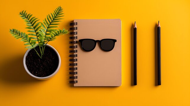 Flatlay of Notebook Pencils Sunglasses and Plant on Yellow Background