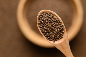 Perilla seed in wooden spoon, Food ingredient, Top view
