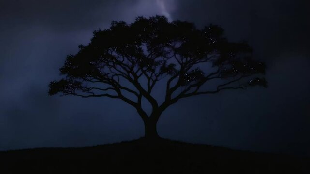 Silhouette of a tree under a dramatic lightning storm with high contrast