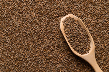 Perilla seed in wooden scoop, Food ingredient, Top view