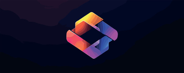Colorful abstract geometric logo on dark background in digital art style.