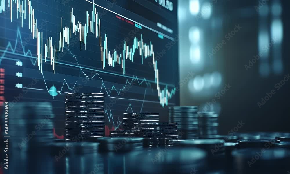 Aufkleber a stock market graph with red and blue candlestick charts, featuring stacks of coins in the bottom r