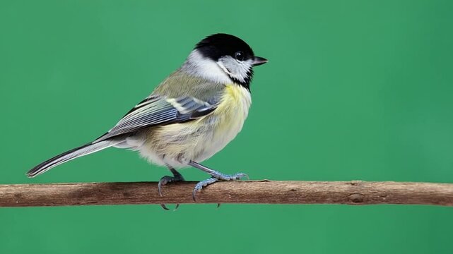 A great tit perched on a branch with a green background in a studio setting close up shot green screen video