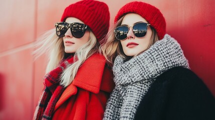 Stylish women wearing winter outfits against a bold red backdrop