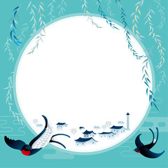 Two swallows flying under willows. Vector, with plain color background.