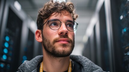 Fototapeta premium Young engineer in a server room, focused on technology and innovation. 