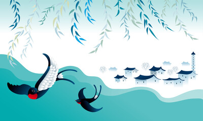 Two swallows flying under willows. Vector, with plain color background.