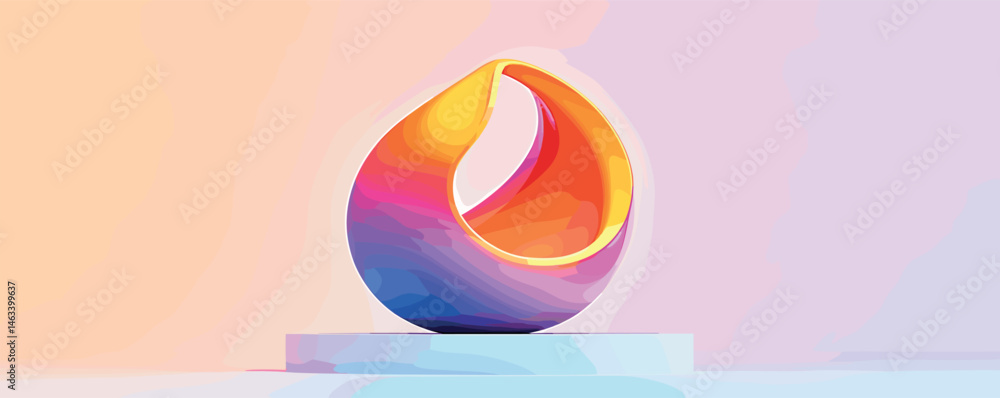 Poster abstract colorful sculpture with gradient shades on display pedestal in minimalist setting.