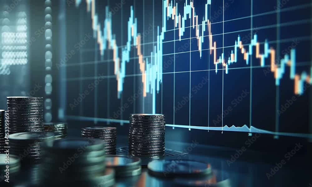 Poster a stock market graph with red and blue candlestick charts, featuring stacks of coins in the bottom r