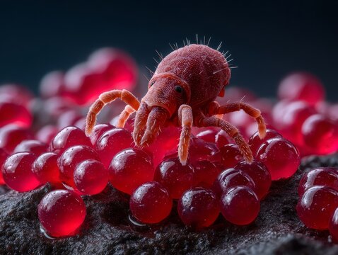 Microscopic marvel a vibrant red mite perched atop a cluster of red spheres