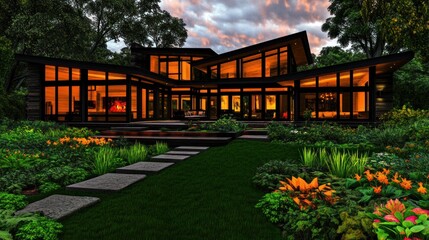 Fototapeta premium Modern Architectural Design: Luxurious Home at Dusk