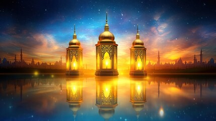 Naklejka premium Ramadan Nights: Golden Lanterns Reflecting on Serene Waters