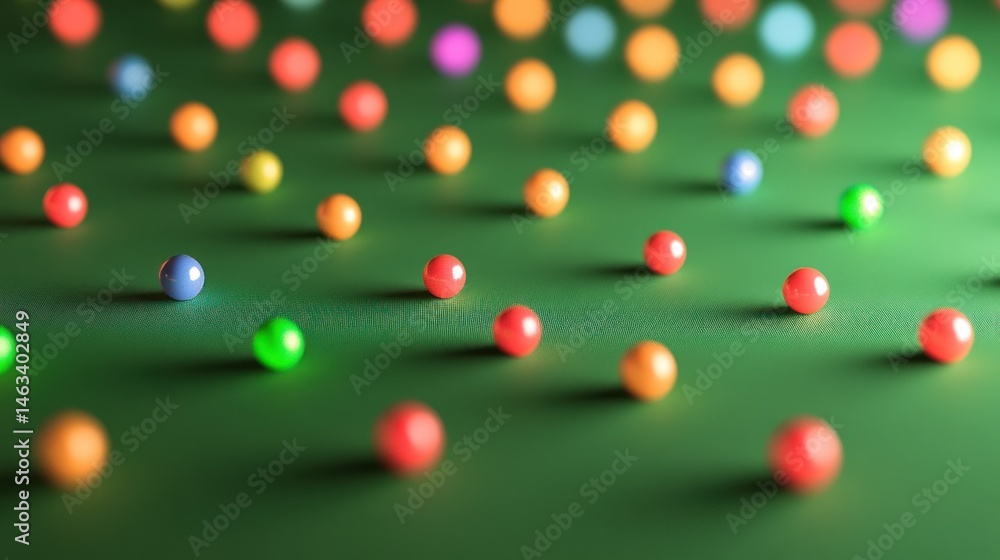 Poster scattered vibrant spheres create an abstract colorful pattern on green backdrop