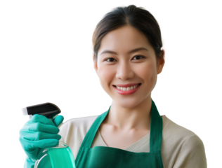 Smiling woman wearing apron and gloves holds spray bottle, ready for cleaning