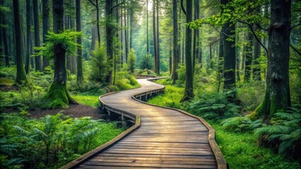 Obraz premium A winding wooden path disappears into the undergrowth of a dense forest, lined with towering trees and overgrown vegetation