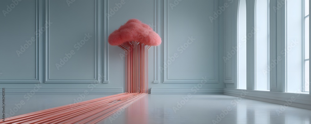 Poster in a visually compelling composition, health data flows into a cloud symbolizing cloud computing in 