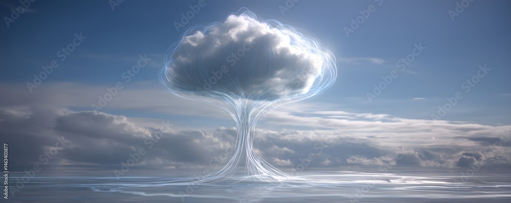 Poster in a visually compelling composition, health data flows into a cloud symbolizing cloud computing in 