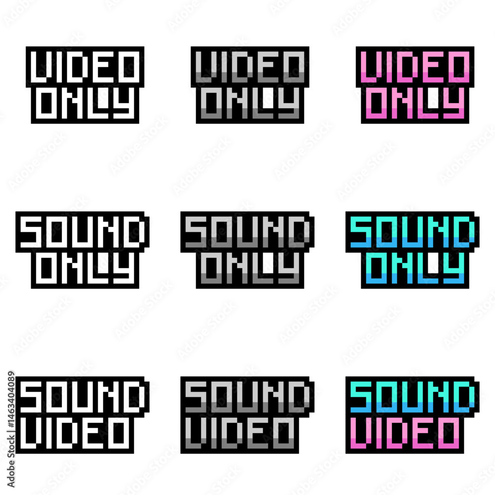 Poster sound and video status, pixel art tiny typography icon set in monochrome and color