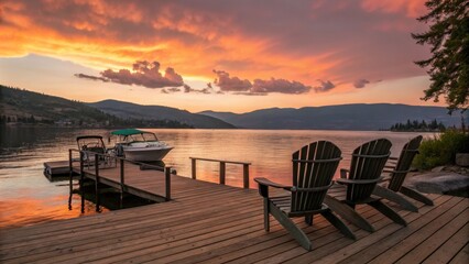 Sunset Lake Dock Scene Three Adirondack Chairs, Boat, Fiery Sky, Mountain View, Landscape Photography Lake, Sunset