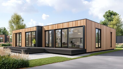 Fototapeta premium Modern sustainable house design wood and glass exterior