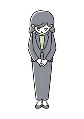 謝罪して頭を下げているスーツの女性の正面向きベクターイラスト