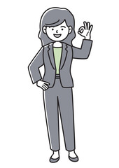 指でOKマークを作るスーツの女性の正面向きベクターイラスト
