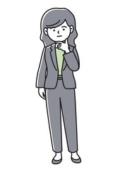 顎に手を当てて首を傾げるスーツの女性の正面向きベクターイラスト
