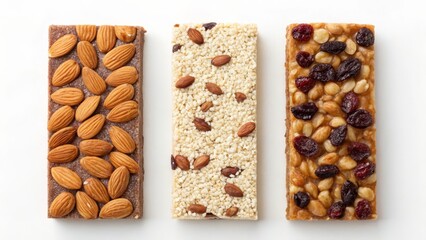 Three Nut and Dried Fruit Granola Bars Top View Composition, Almond, Cranberry and Quinoa, Healthy Snack Food Granola bar, healthy snack