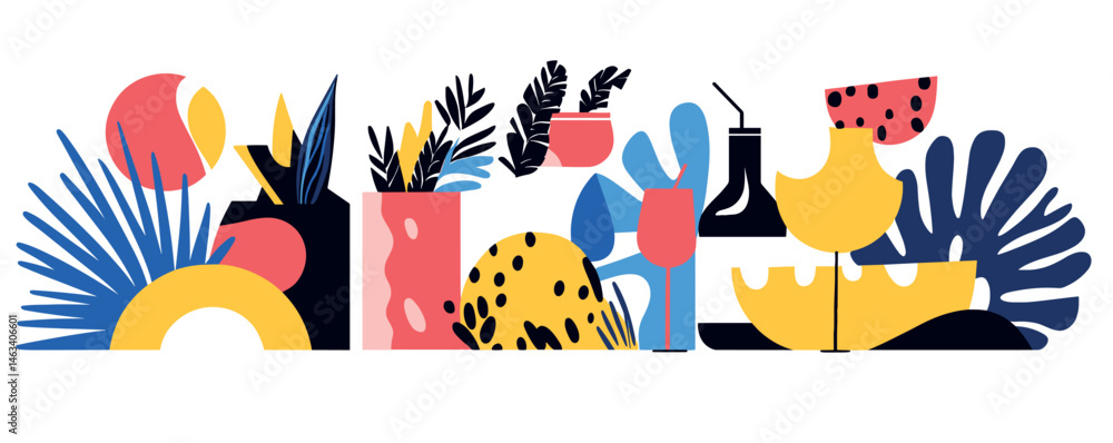 Poster abstract still life with colorful geometric shapes and botanical elements in modern style.
