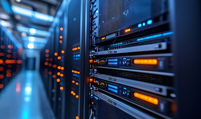 Naklejka premium Data Center Server Racks with Glowing Blue and Orange Lights