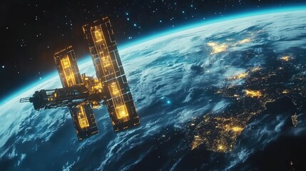 Illuminated satellite orbiting Earth, nighttime view.