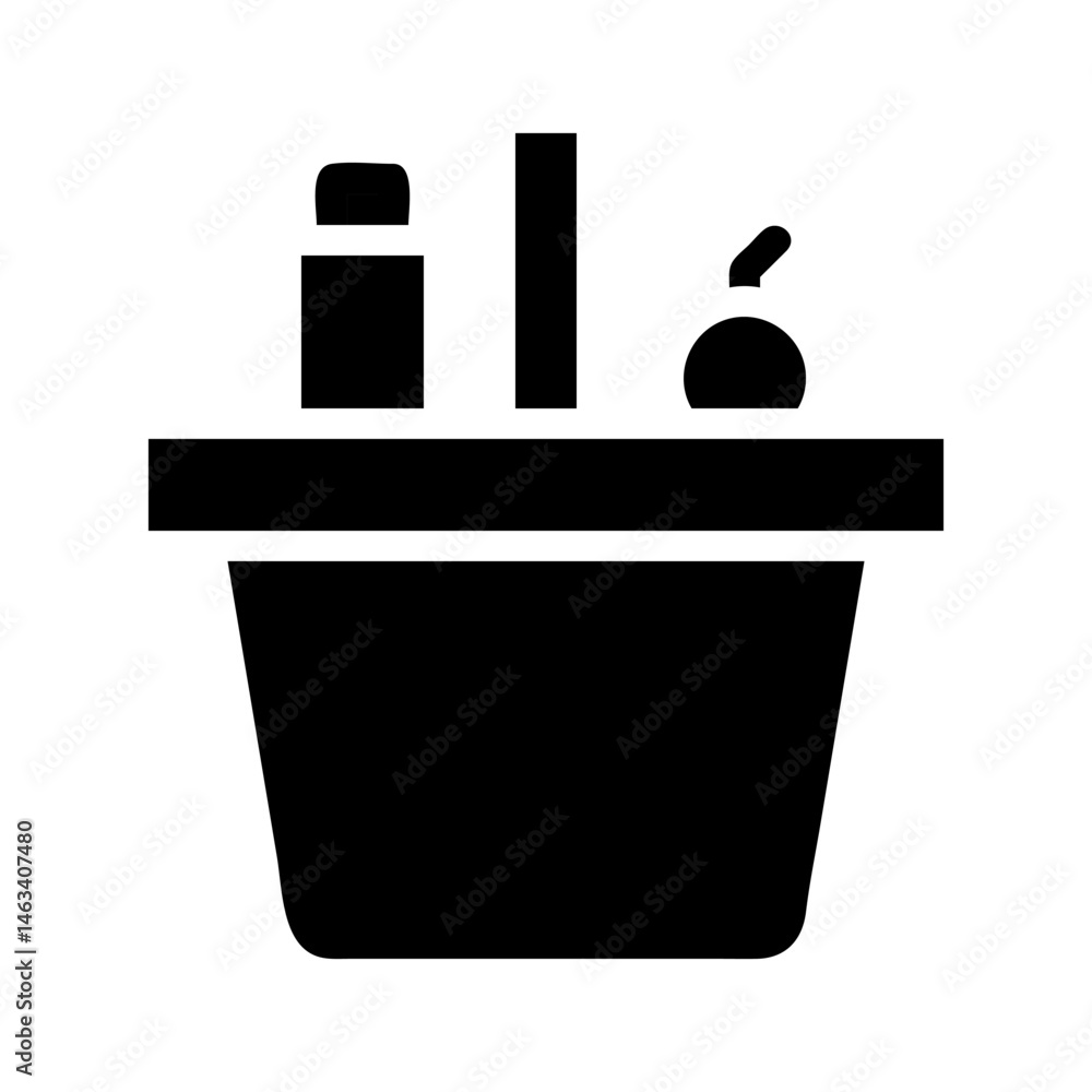 Poster minimalist depiction of box-like container holding an assortment of cylindrical and spherical object