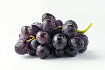 Fototapeta premium Close up view of a bunch of fresh dark grapes with water droplets isolated on white background