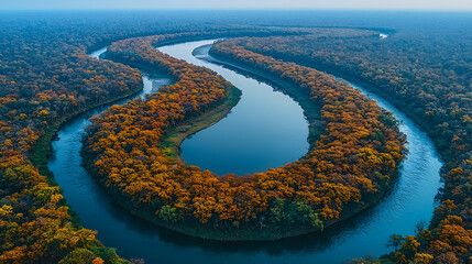 Aerial View of a Meandering River Surrounded by Autumn Forest