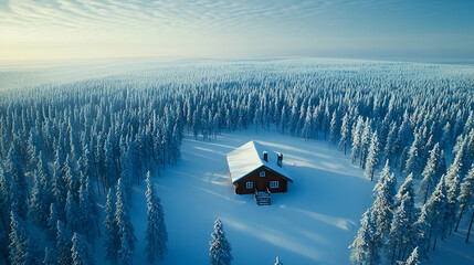 Aerial View of a Snow Covered Cabin in a Winter Forest