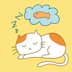Digital illustration of a white cat with orange patches, peacefully sleeping and dreaming of fish. Set against a bright yellow background, evoking warmth and charm.