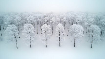 Aerial View of a Snowy Forest in Winter