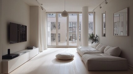 Fototapeta premium Minimalist living room with large windows