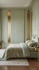 gold accent couch hotel lounge pastel sage green interior royal decor theme design photo for branding marketing and content blog Luxurious Bedroom Interior Design