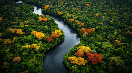 Aerial View of a Winding River Through a Lush Green Rainforest