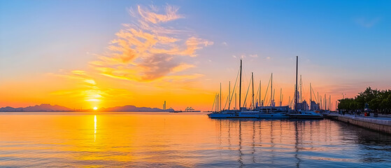 Panoramic Sunset Over Harbor