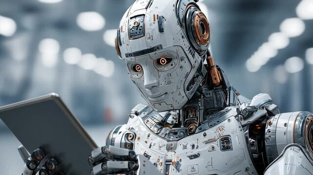 Cybernetic Observer: A detailed, photorealistic depiction of a humanoid robot, its metallic face and intricate design reflecting the marvels of technology as it interacts with a tablet.