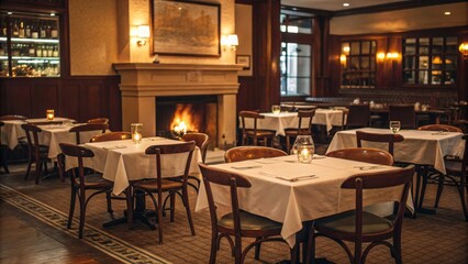 Fototapeta premium Warm Restaurant Interior Cozy Fireplace, Table Setting, Candlelight, Wooden Chairs, Fine Dining restaurant interior, candlelight, fireplace