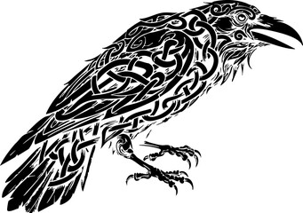 Intricate Celtic knotwork forms the detailed design of a stylized raven silhouette, isolated against a clean white backdrop for graphic design.