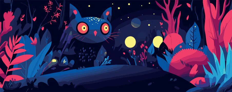 Surreal night scene with giant cat and glowing elements in mystical forest.