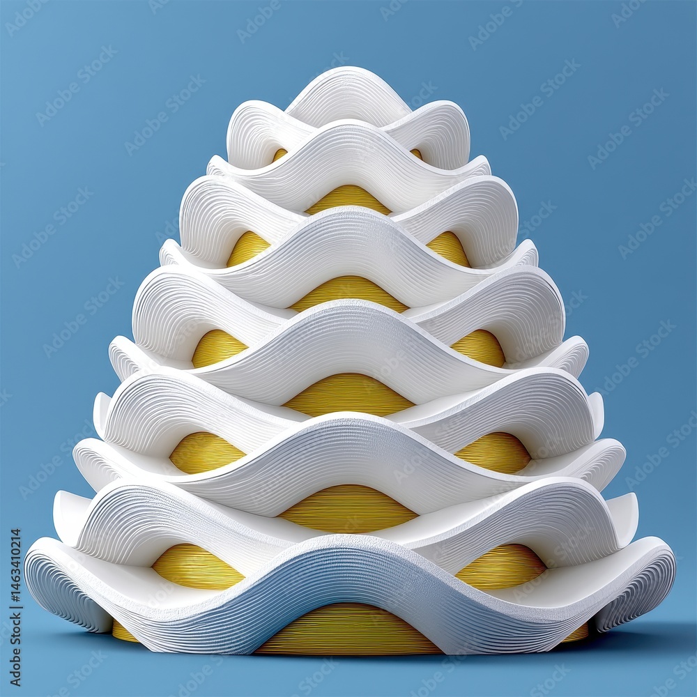 Poster abstract 3d render of a layered structure with white and gold elements against a light blue backgrou
