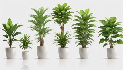Collection of potted plants, various sizes and species, in white pots against a white background. Ideal for home decor or interior design.