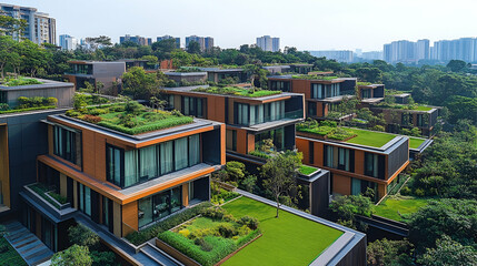 Aerial View of Modern Green Roof Buildings in a City